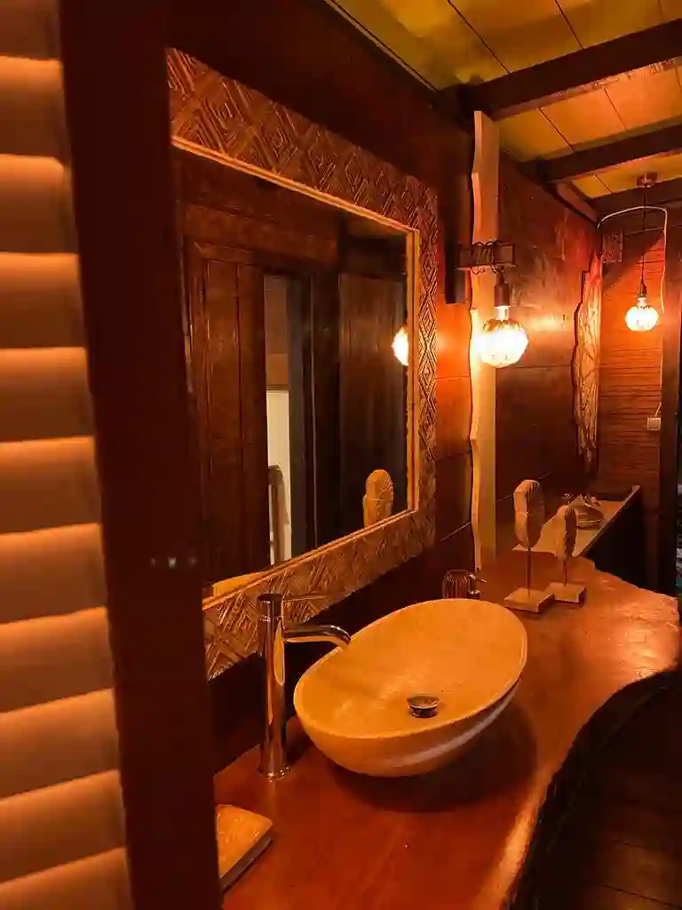 Shower room, magnificent top made of local tropical mahogany wood.