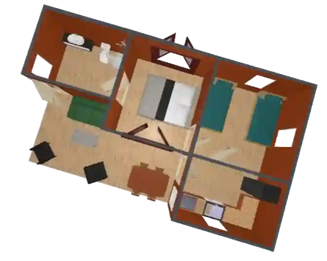 Bois D'Inde 54m2, two bedrooms, a small kitchen, a bathroom, and a living room immersed in nature.